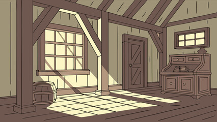 Illustration of an attic interior with wooden beams window desk and barrel in a cartoon style © Zia