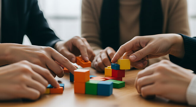Close-up of several people working together to assemble colorful wooden blocks on a table, suggesting teamwork and problem-solving.