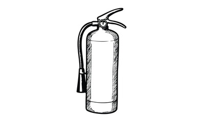 Monochrome sketch of fire extinguisher in detailed black and white drawing. Vector retro hand drawn illustration