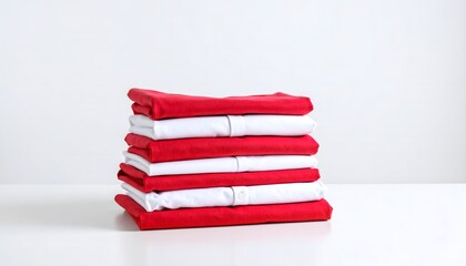 Neatly folded red and white clothes in a stack on clean white surface. Minimalist, fresh, and organized composition with patriotic color scheme.