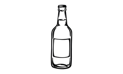Hand-drawn empty bottle with label outline in black and white. Vector retro hand drawn illustration