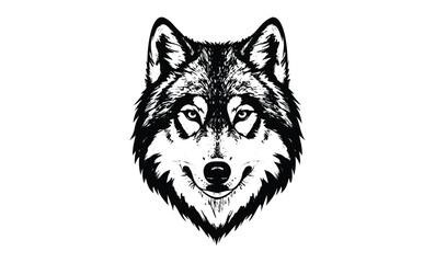 Intricate black and white wolf drawing with intense stare. Vector retro hand drawn illustration