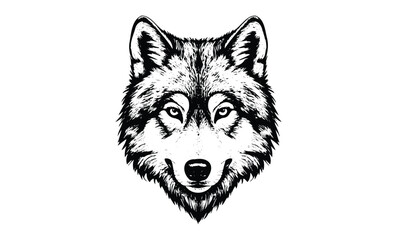 Monochrome wolf head illustration with intense gaze and detailed fur. Vector retro hand drawn illustration