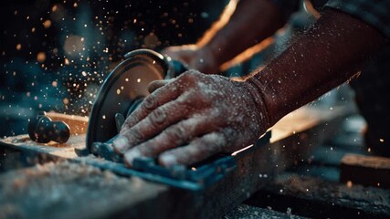 Woodworker's Craft: A skilled woodworker expertly uses a circular saw, sending wood dust flying as they precisely cut through timber, embodying craftsmanship and attention to detail.