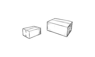 Hand-drawn sketch of two cardboard boxes with simple lines and shaded details. Vector retro hand drawn illustration