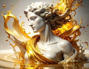 Majestic statue of a Greek figure emerging from a splash of golden liquid in a creative art piece