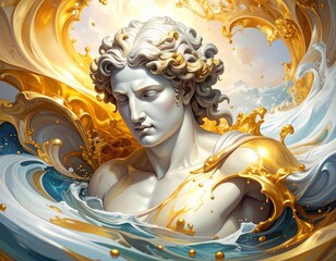Sculptural representation of a god surrounded by splashing waves and golden elements at sunset