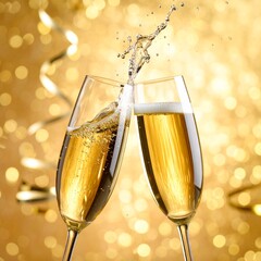 Cheers with sparkling beverages at a celebration with golden decorations and festive atmosphere