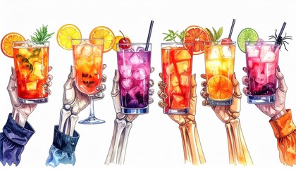 Colorful cocktails held by diverse hands at a lively gathering celebrating summer vibes with refreshing drinks