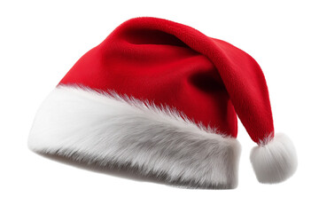 Red Santa Claus hat with white fur, isolated on a transparent background in PNG format.