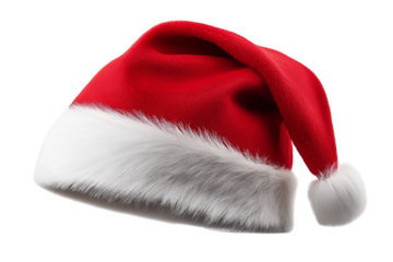 Red Santa Claus hat with white fur, isolated on a transparent background in PNG format.