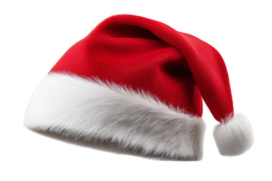 Red Santa Claus hat with white fur, isolated on a transparent background in PNG format.