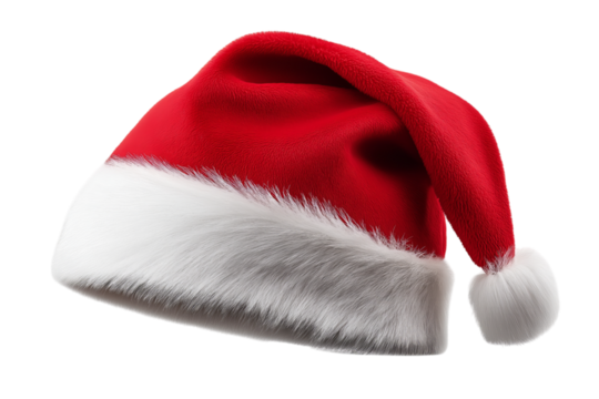 Red Santa Claus hat with white fur, isolated on a transparent background in PNG format.