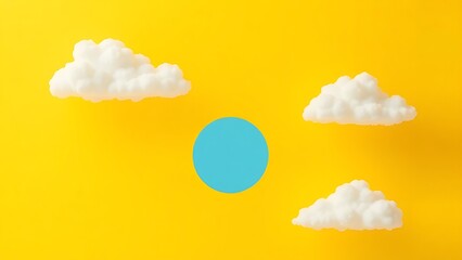Abstract composition of sunny yellow background with white clouds and a blue circular element, minimalist and geometric.