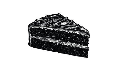 Vintage black and white illustration of a chocolate cake slice with frosting. Vector retro hand drawn illustration