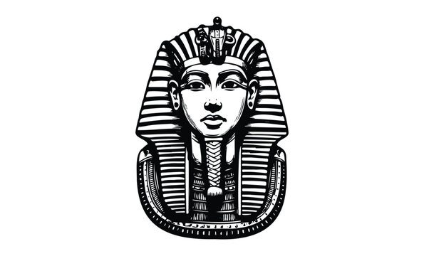 Ancient egyptian pharaoh king tut illustration in black and white. Vector retro hand drawn illustration