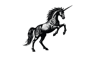 Fototapeta premium Hand-drawn black unicorn silhouette standing on hind legs with flowing mane. Vector retro hand drawn illustration