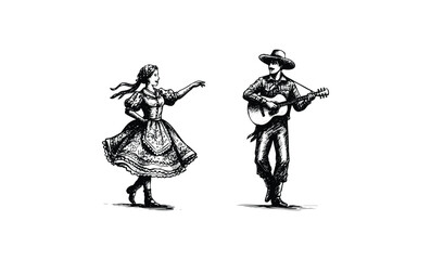 Naklejka premium Traditional folk dance scene with female dancer and male musician playing guitar. Vector retro hand drawn illustration