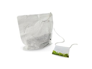 Tea bag with string label isolated on white background