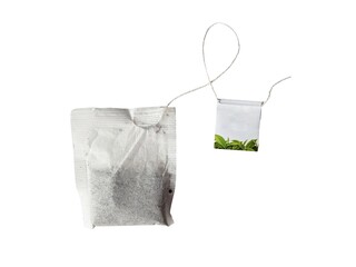 Tea bag with string label isolated on white background