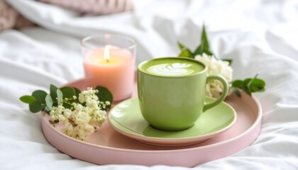 Aesthetic matcha latte in green cup on pink tray, surrounded by flowers and candle on cozy white bed. Relaxing, minimalist morning or self-care concept.