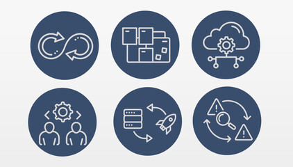 Set of icon process automation. Workflow optimization and system administration concepts. Software development cloud computing DevOps. Minimalist line art with dark blue background