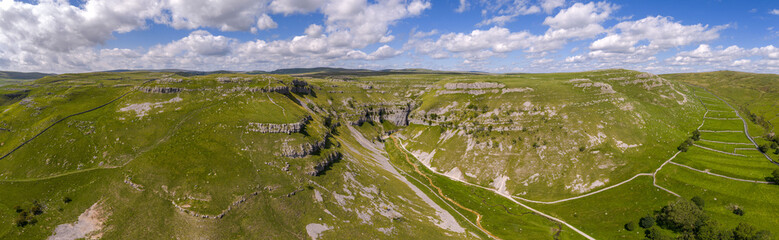 Fototapeta premium Aerial View of Gordale Scar Limestone Valley in Yorkshire National Park