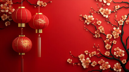 Celebrate chinese new year with red lanterns and blossom branches for a festive background design of asia