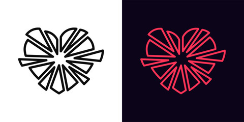 Outline broken love icon, with editable stroke. Broken heart fragments, fragile love relationship. Shattered heart with glass shards, destroyed love, hurt feeling, heartbreak pain. Vector icon