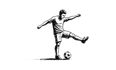Sketch of young caucasian male playing soccer with raised leg. Vector retro hand drawn illustration