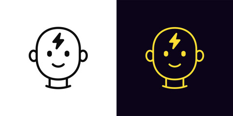 Outline mind energy icon, with editable stroke. Human head with smile and lightning icon, positive mind. Mental health, brainstorm, intelligence charge, mind power, creative idea energy. Vector icon