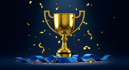 Golden trophy and streamers, business and competition concept, blue background, Victory, Success & Achievement Concept