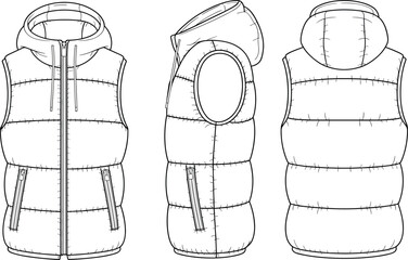 Cad drawing flat vector illustration of a stylish women's hooded puffer vest, shown from front, side, and back views, featuring a clean design, zip closure, 