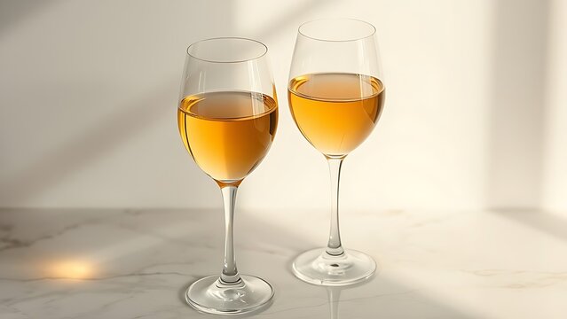 Elegant still life of two crystal wine glasses with golden liquid on a marble surface.