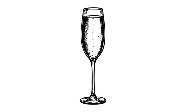 Sketch of a champagne flute glass with intricate detail and reflections. Vector retro hand drawn illustration