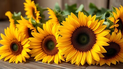Fototapeta premium Close-up of vibrant sunflowers on a wooden surface, radiating warmth and rustic charm.
