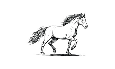 Graceful black and white sketch of a running horse with flowing mane. Vector retro hand drawn illustration