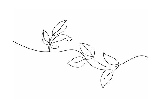 Delicate branch with leaves continuous line art nature