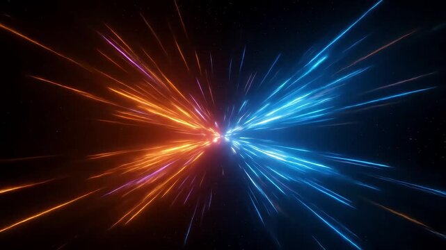 Dynamic clash of orange and blue light beams in a cosmic space, creating a vibrant energy effect