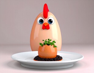 A stunned cartoon chicken gazes at a refined dish: red pearls and herbs on a spotless plate. A surreal pause, both funny and existential, where less is everything and nothing tastes like truth