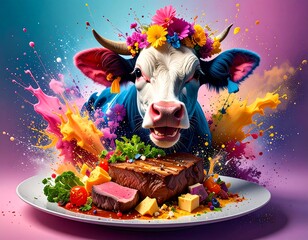 A majestic cow, crowned with flowers and wrapped in colors, faces a feast made from herself. A surreal pop explosion of elegance, indulgence, and ethical irony plated in glorious contradiction