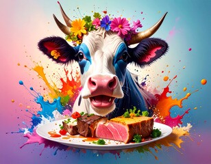 A vibrant cow, adorned in flowers and festival makeup, beams over a gourmet beef plate. A surreal clash of joy, satire, and flavor explodes in a rainbow of irony, art, and unapologetic beauty