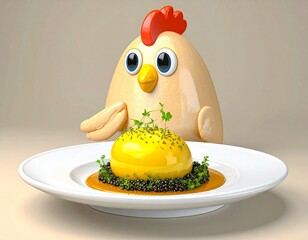A golden yolk gleams like a jewel on a ring of caviar, as a gentle cartoon chicken looks on in wonder. A quiet, luxurious moment where culinary mastery meets surreal tenderness and playful awe