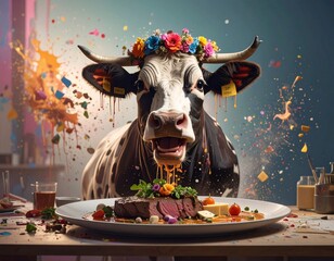 With flowers on her head and chaos behind, the cow faces a gourmet dish made from herself. A surreal and satirical tribute to consumption, identity, and the absurd rituals of modern gastronomy
