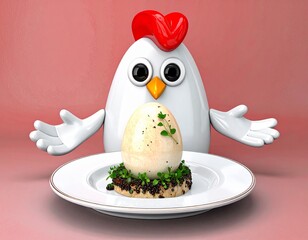 With open arms, a cartoon chicken proudly presents a gourmet egg dish atop a crispy base. In a bright pink scene full of charm and flavor, food becomes performance, character, and joy in one