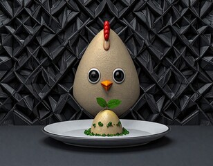 A serene chicken gazes at a polished egg topped with a tiny plant. Surrounded by angular shadows, the scene balances purity, geometry, and surreal charm in a gourmet still life of quiet connection
