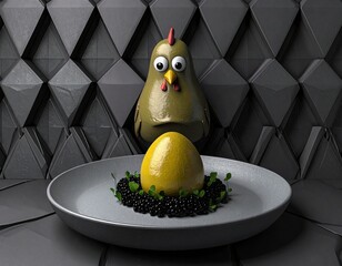A brooding chicken stares at a golden egg encircled by black pearls and greens. Surreal tension unfolds on a grey stage, where culinary luxury meets emotional confrontation and design precision