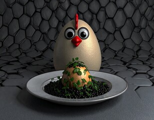 In a dark, textured world, a sculptural chicken stares into a gourmet egg crowned with greens and black pearls. A surreal, elegant tale of reflection, luxury, and food identity in shadow