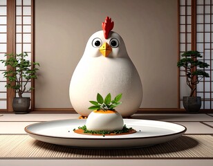 A surreal minimalist scene where a giant chicken silently watches a gourmet poached egg resting on a refined plate. A zen-like harmony between food, symbolism, and playful mystery