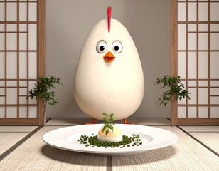 In a serene tatami room, an egg-shaped chicken stares at a plated egg sprouting life. Humor, irony, and peace blend into this zen-inspired culinary moment of surreal simplicity